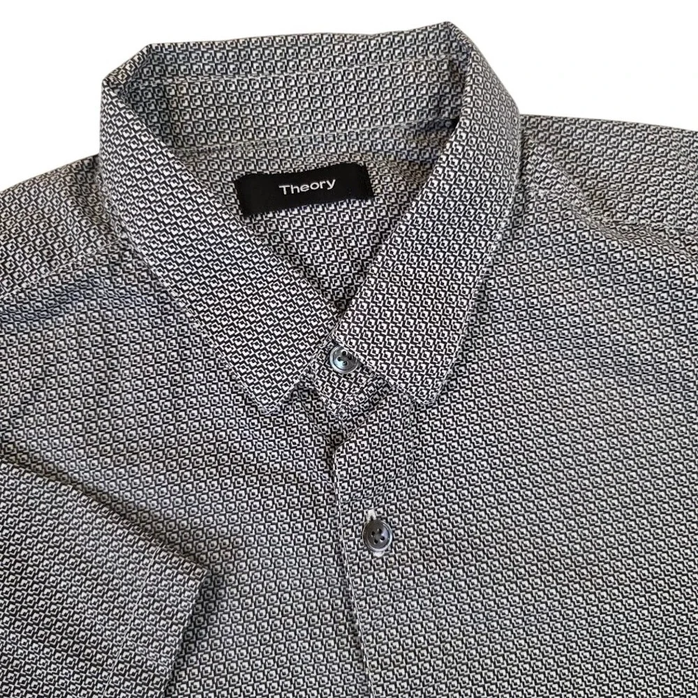 Theory Men's Medium Zack S Shirt Black White Geometric Corner Print Short Sleeve